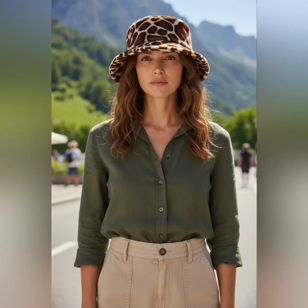 UO Gia Furry Leopard Bucket Hat Giraffe Brown Black Safari L One Size‎ Fits Most